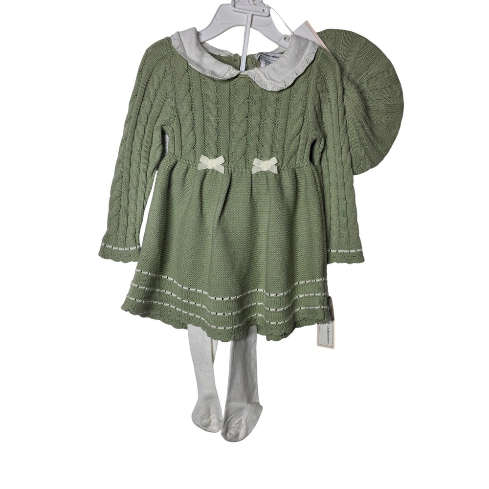 Cupcakes and Cashmere Baby Girl Sage Green Cable Knit Dress Beret Tights Set 18M